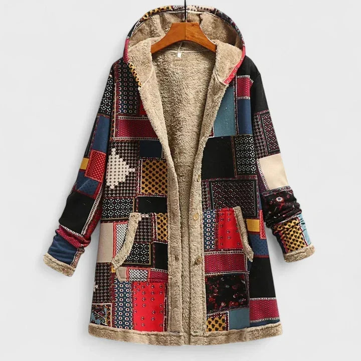 Parka met kleurrijk patchworkprint in rood, blauw en zwart, gevoerde capuchon, knopen en voorzakken 5