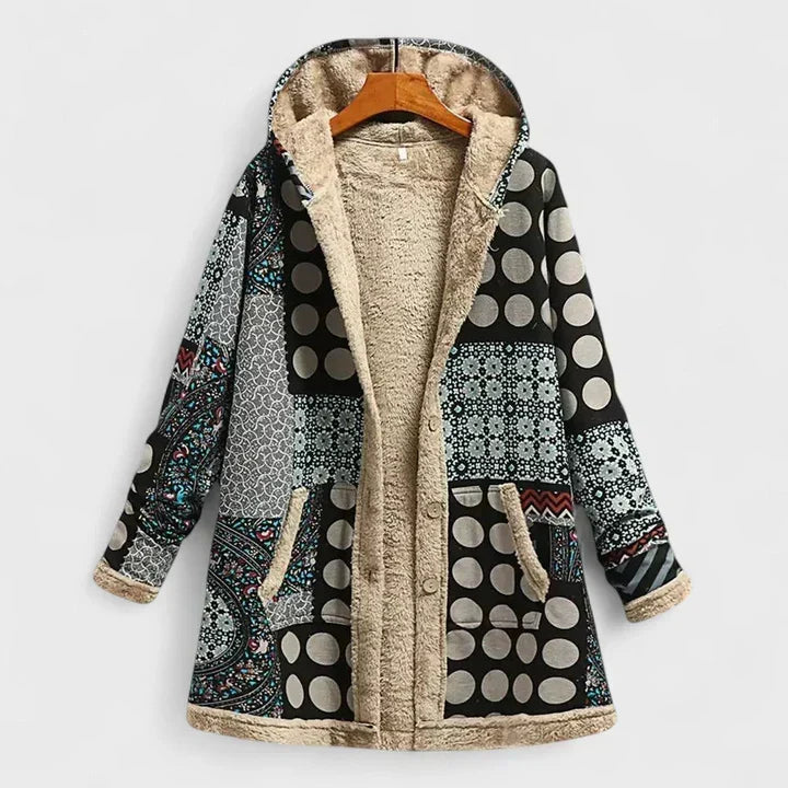 Parka met zwart-wit patchworkprint van stippen en bloemmotieven, beige gevoerde capuchon en knoopsluiting met zakken 4