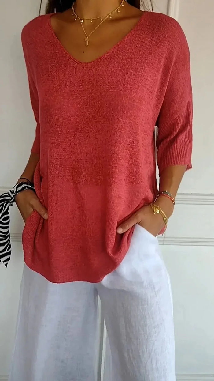 V-Neck Knit Top With Half Sleeves - Kristine