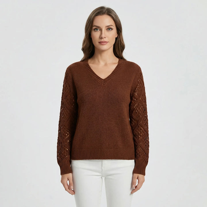 V-Neck Knitted Jumper With Open-Weave Sleeves - Audrey