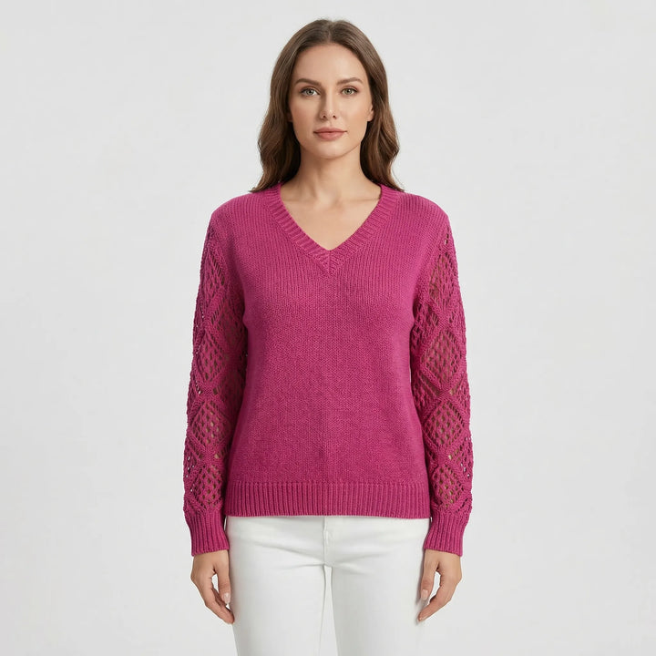 V-Neck Knitted Jumper With Open-Weave Sleeves - Audrey