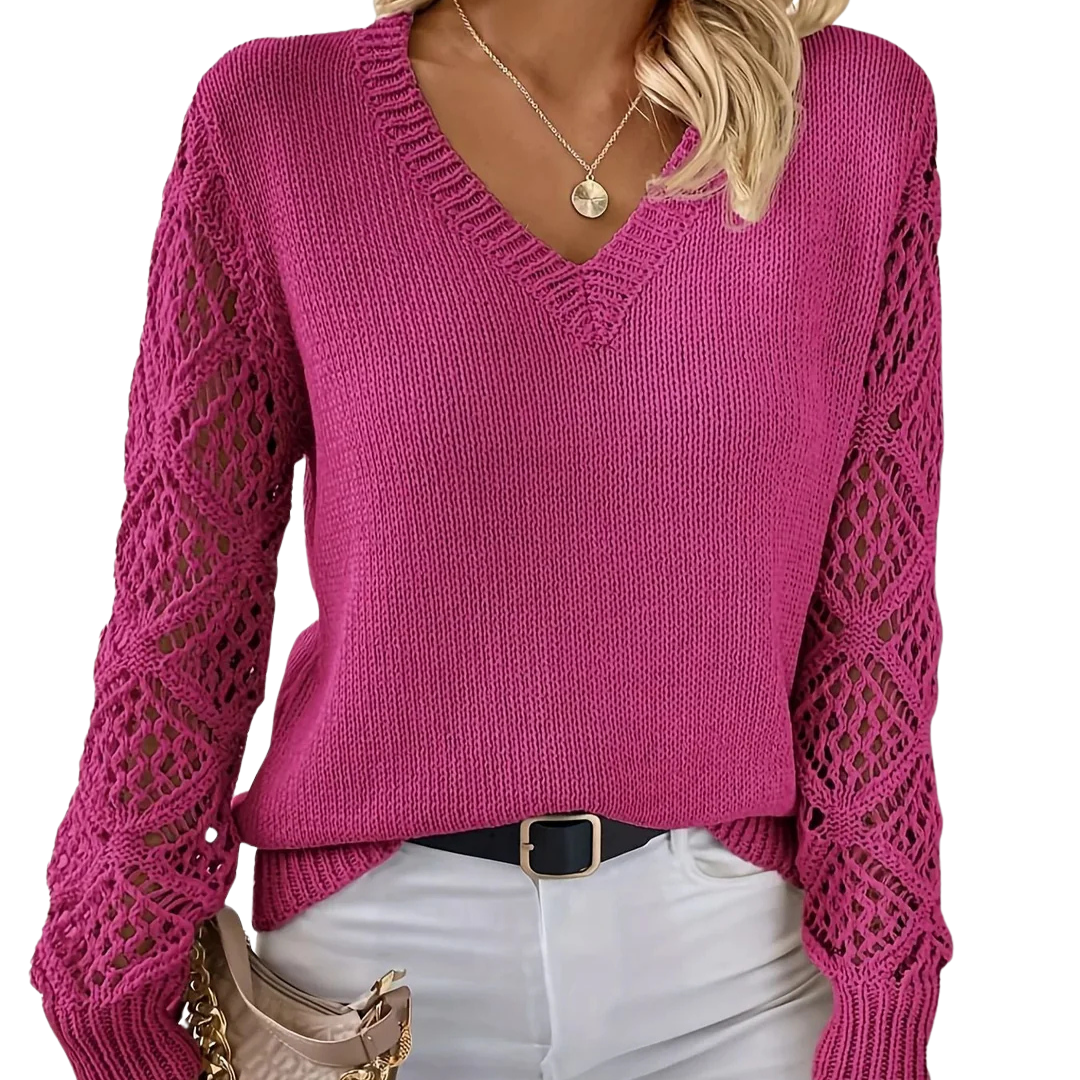 V-Neck Knitted Jumper With Open-Weave Sleeves - Audrey