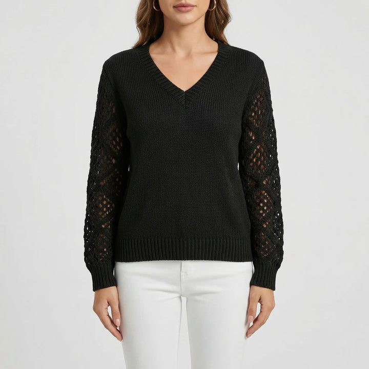 V-Neck Knitted Jumper With Open-Weave Sleeves - Audrey