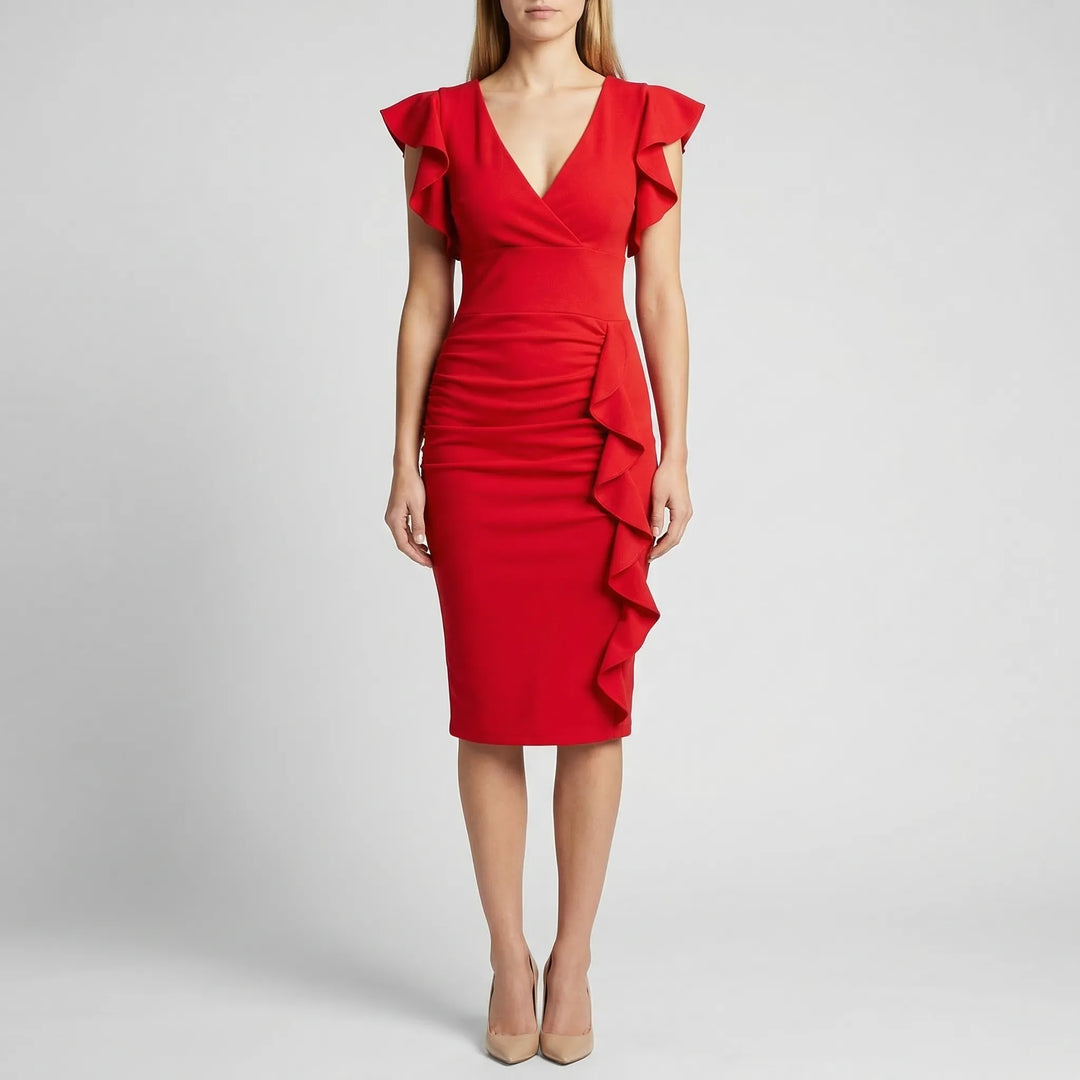 V-Neck Ruffle Midi Dress - Alma