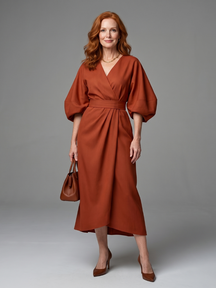 V-Neck Wrap Style Midi Dress - Violet