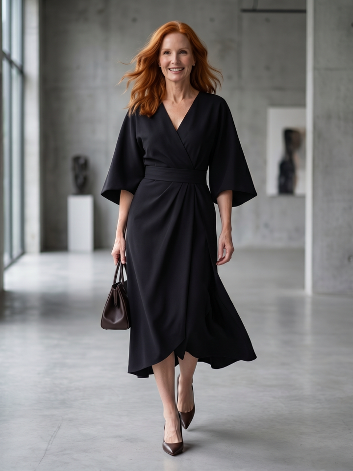 V-Neck Wrap Style Midi Dress - Violet