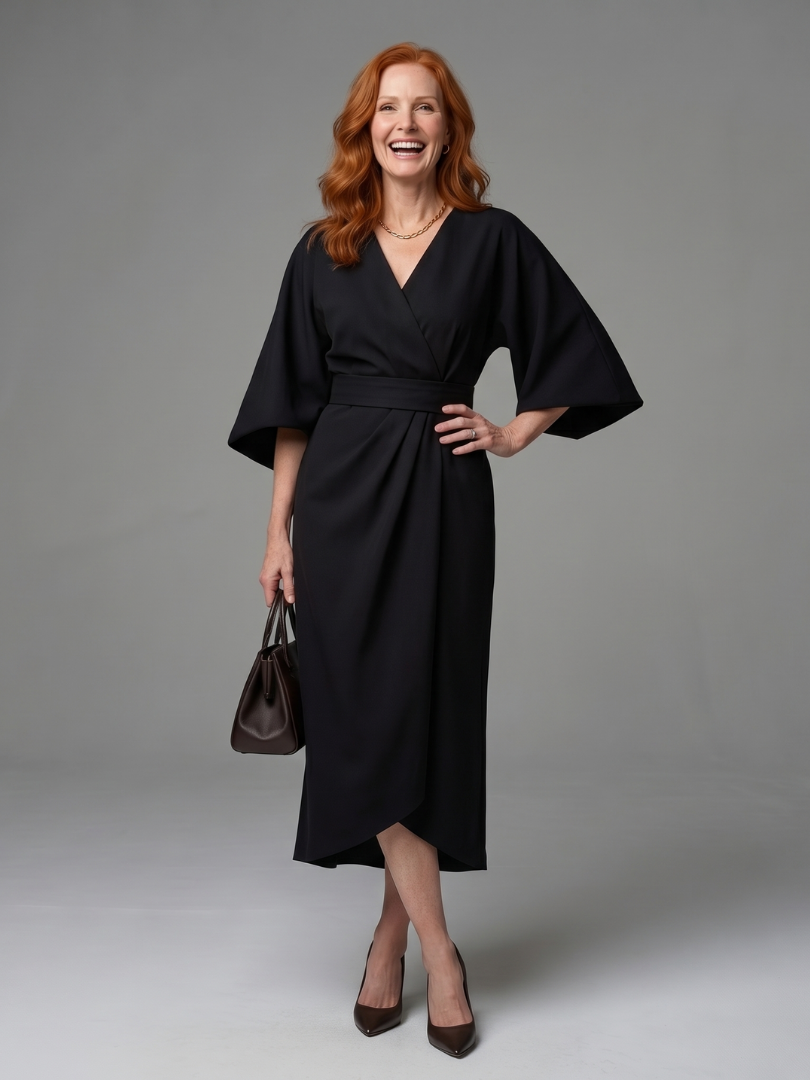 V-Neck Wrap Style Midi Dress - Violet