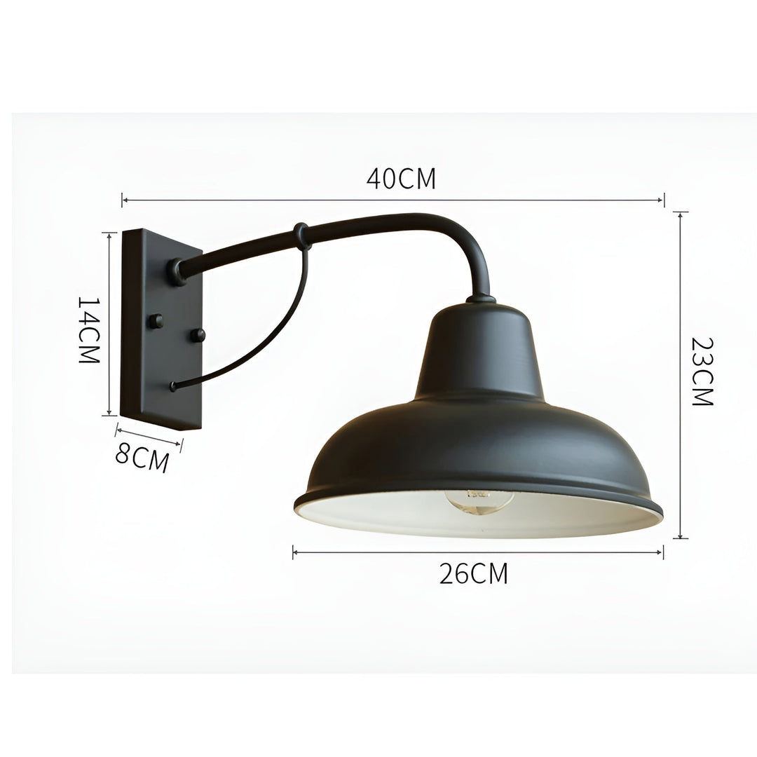 Zwarte wandlamp op witte achtergrond met maataanduidingen voor breedte, hoogte, kapdiameter en montageplaat. 9