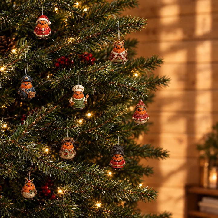 Kleine roodborstjes in verschillende kostuumpjes, zoals kok, koning en postbode, hangen als ornamenten aan een verlichte kerstboom. 1