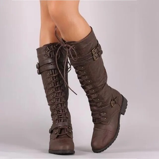 Retro Lace-Up Boots with Buckle - Elora