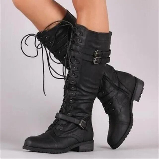 Retro Lace-Up Boots with Buckle - Elora