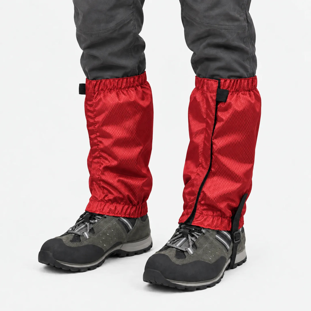 Rode gamaschen met ruitjesstructuur, gedragen over grijze wandelschoenen en donkere broek op een witte achtergrond. 7