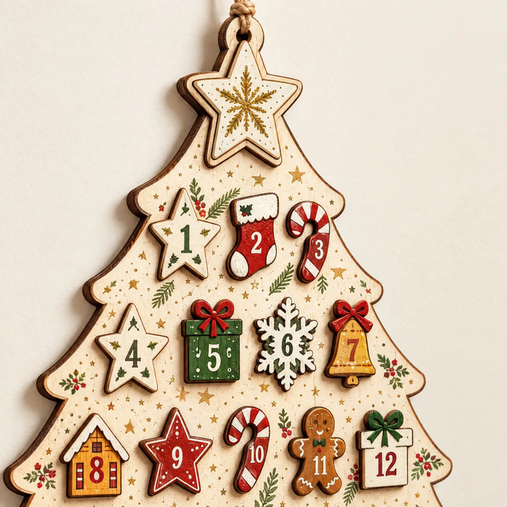Close-up van de bovenste helft van de kalender met de ster en de genummerde houten figuurtjes zoals laarsje, zuurstok, cadeautje, klokje en peperkoekmannetje. 3