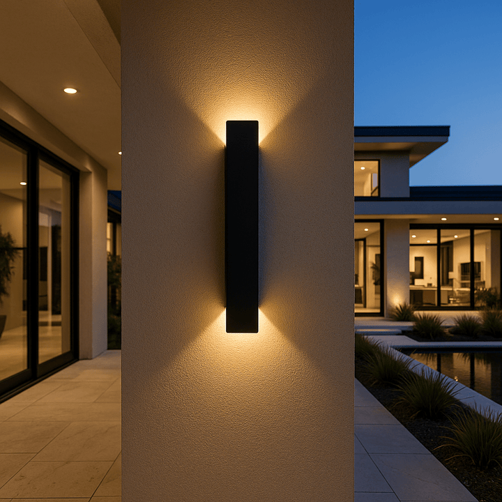 Zwarte versie van de wandlamp op dezelfde gestucte buitenmuur, met warm licht dat naar boven en beneden uitstraalt. 2