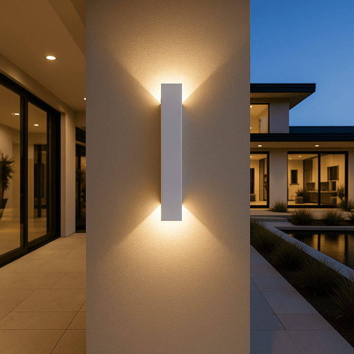 Witte langwerpige wandlamp op een gestucte muur bij een modern huis in de schemering, met warm licht boven en onder. 1
