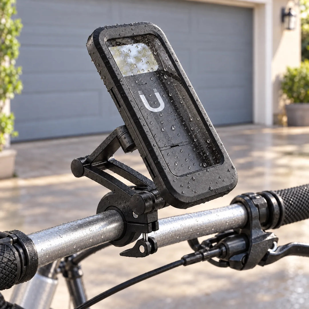 Zwarte telefoonhouder op een fietsstuur, bedekt met regendruppels, met een garagedeur op de achtergrond. 1