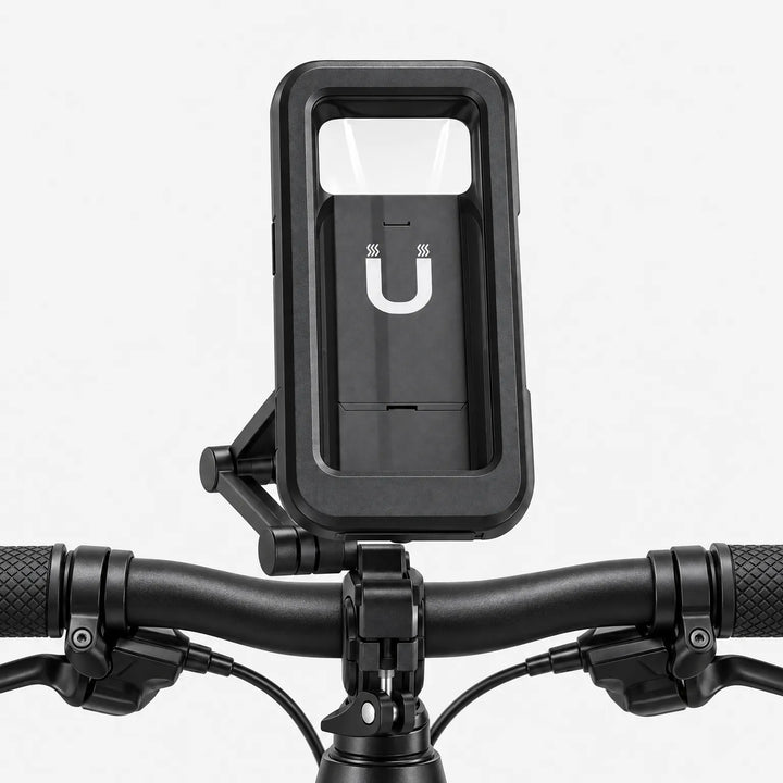 Telefoonhouder gemonteerd in het midden van een zwart fietsstuur, van voren gezien, tegen een lichte achtergrond. 4