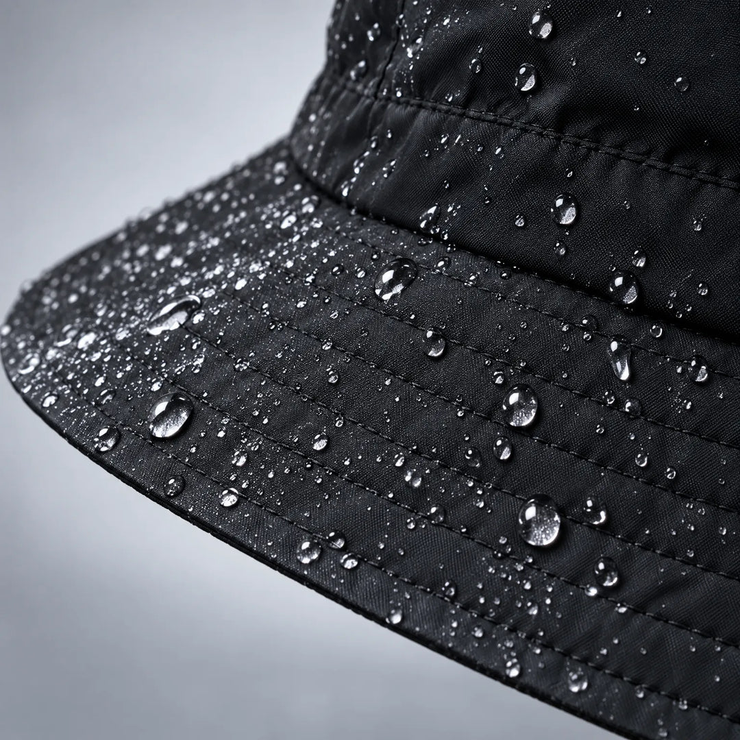 Close-up van de rand van een zwarte bucket hoed met veel waterdruppels op de stof en de stiksels. 6