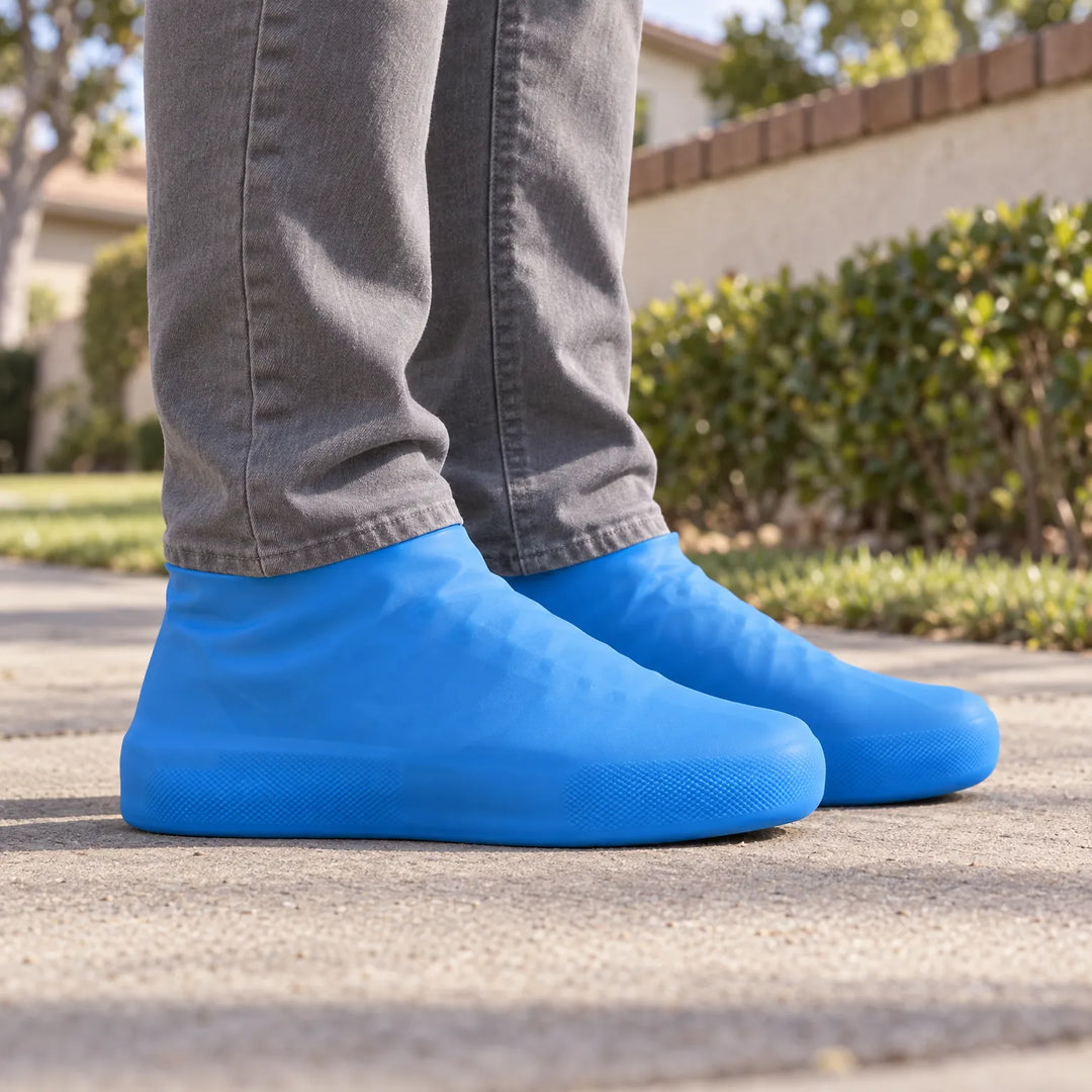 Zijaanzicht van blauwe siliconen overschoenen om de voeten van iemand in een grijze spijkerbroek, buiten op een stoep bij een heg. 1