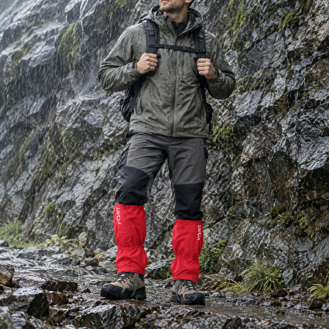 Wandelaar met rugzak draagt rode gaiters over wandelschoenen langs een natte rotswand in de regen. 1