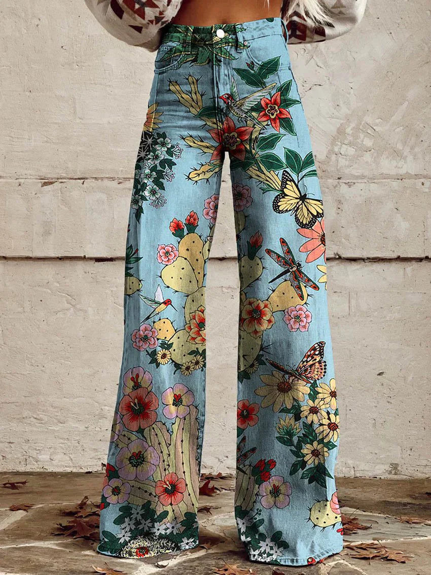Wide-Leg Floral Print Trousers - Alexis