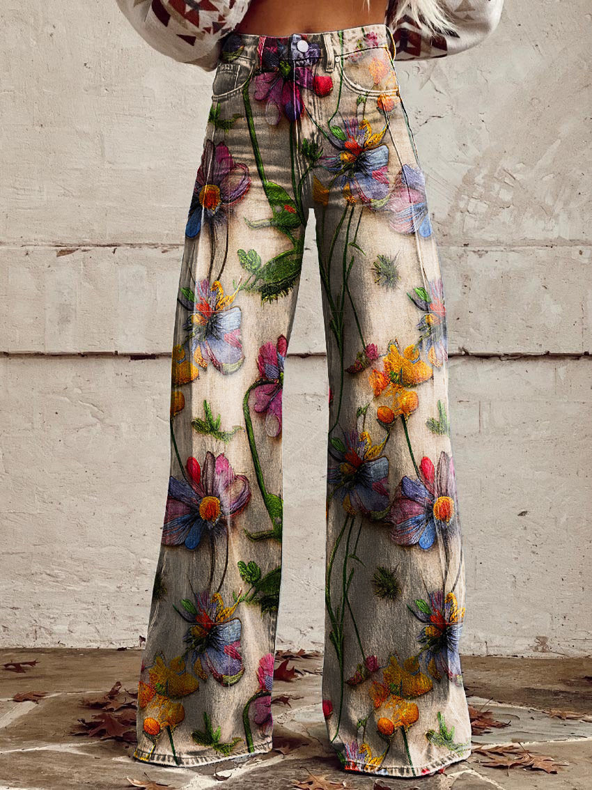 Wide-Leg Floral Print Trousers - Alexis