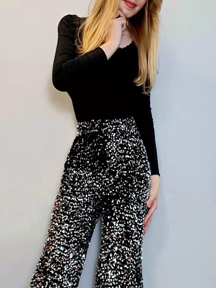 Wide-Leg Sequin Trousers Full Length - Molly