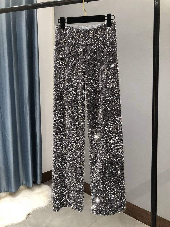 Wide-Leg Sequin Trousers Full Length - Molly
