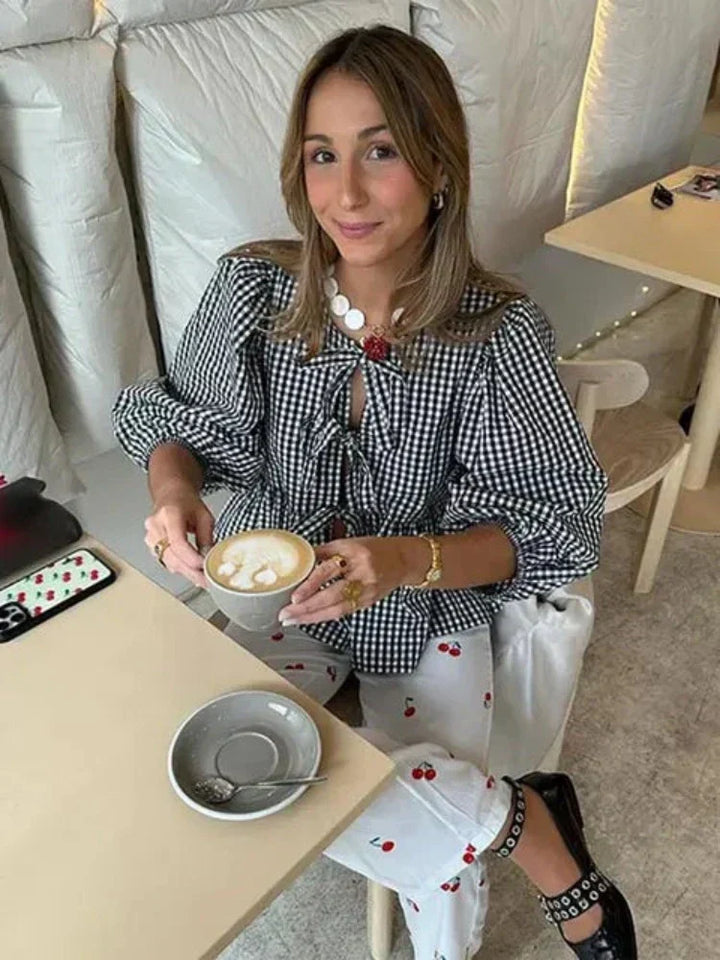 Checked Women's Blouse with Puff Sleeves – Maeve