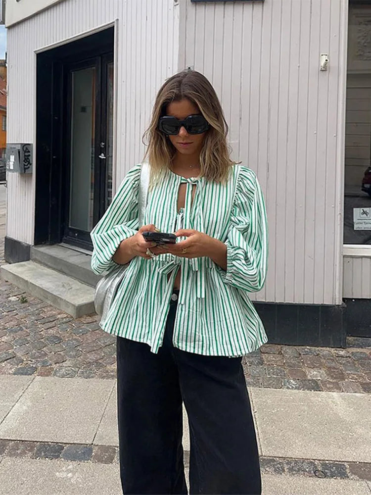 Checked Women's Blouse with Puff Sleeves – Maeve