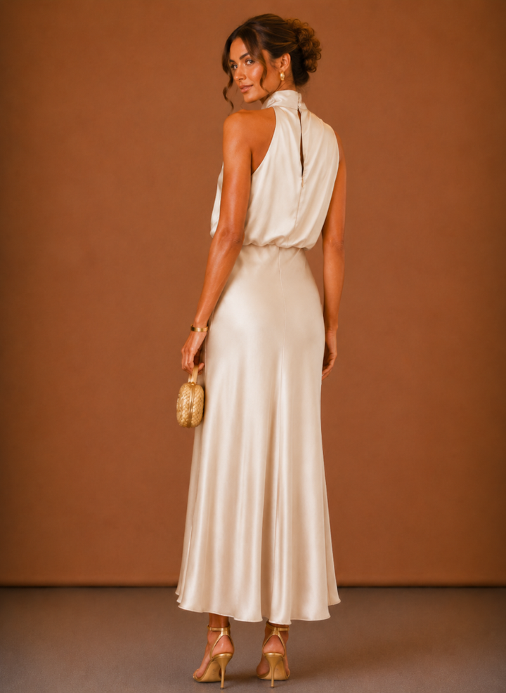 Women's Satin Halter Maxi Dress - Elegant Wedding Guest Gown 6