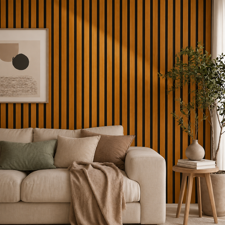 Woonkamerhoek met beige bank, schilderij en plant voor een wand met houtkleurige latten 4