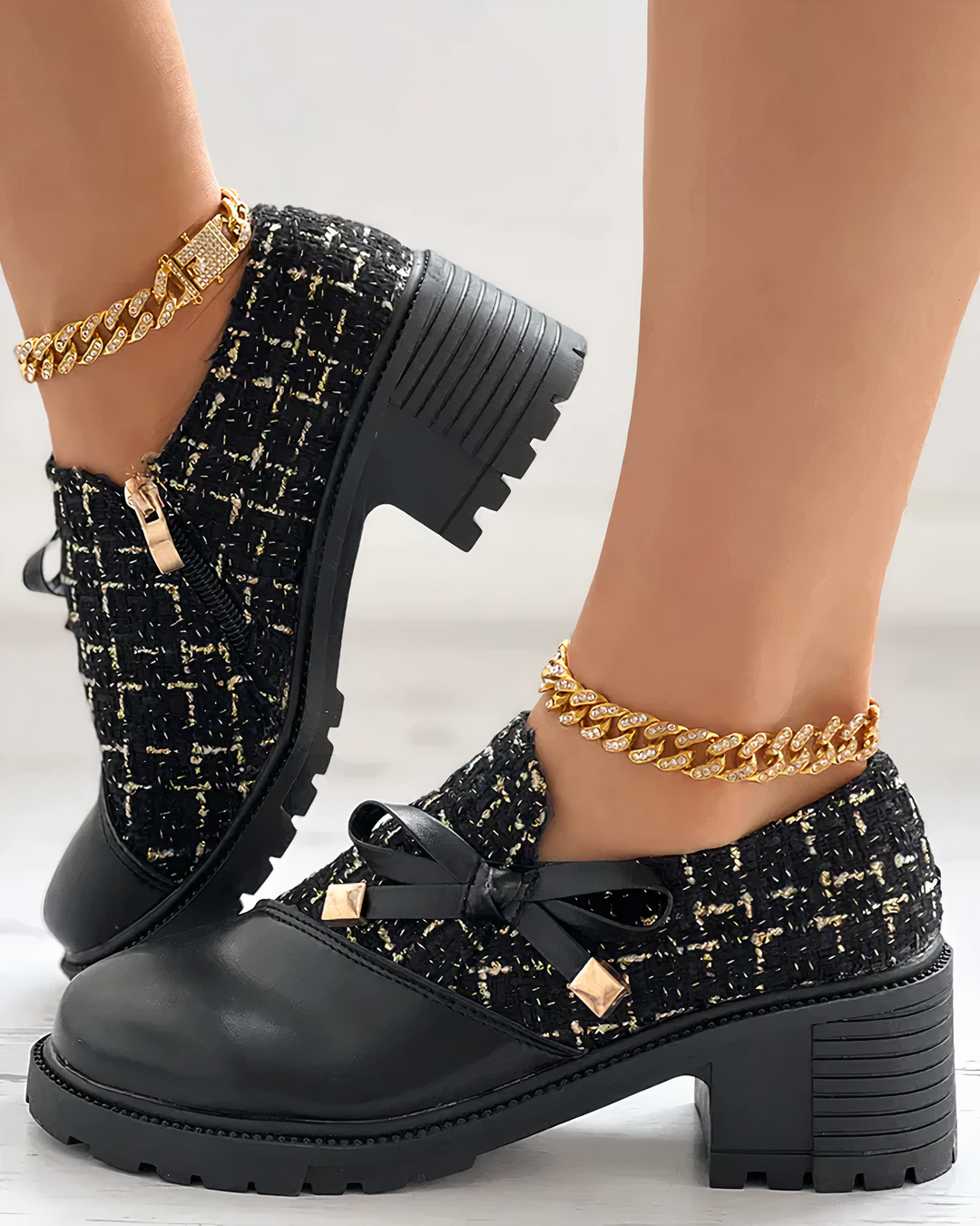 Stylish Block Heel Shoes with Bow Details - Florina