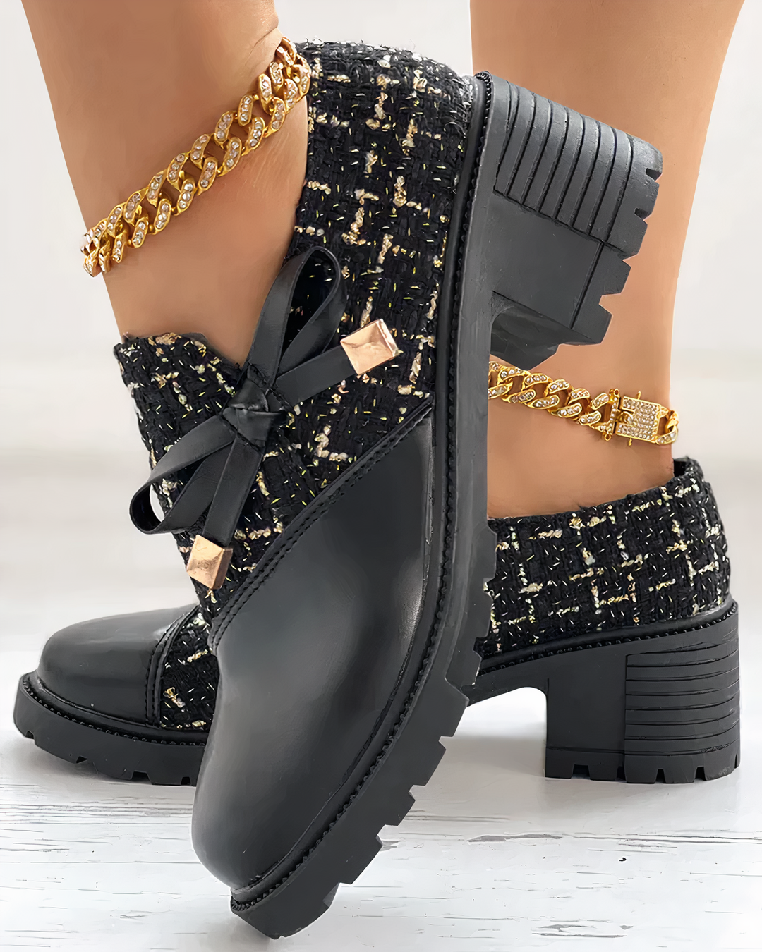 Stylish Block Heel Shoes with Bow Details - Florina