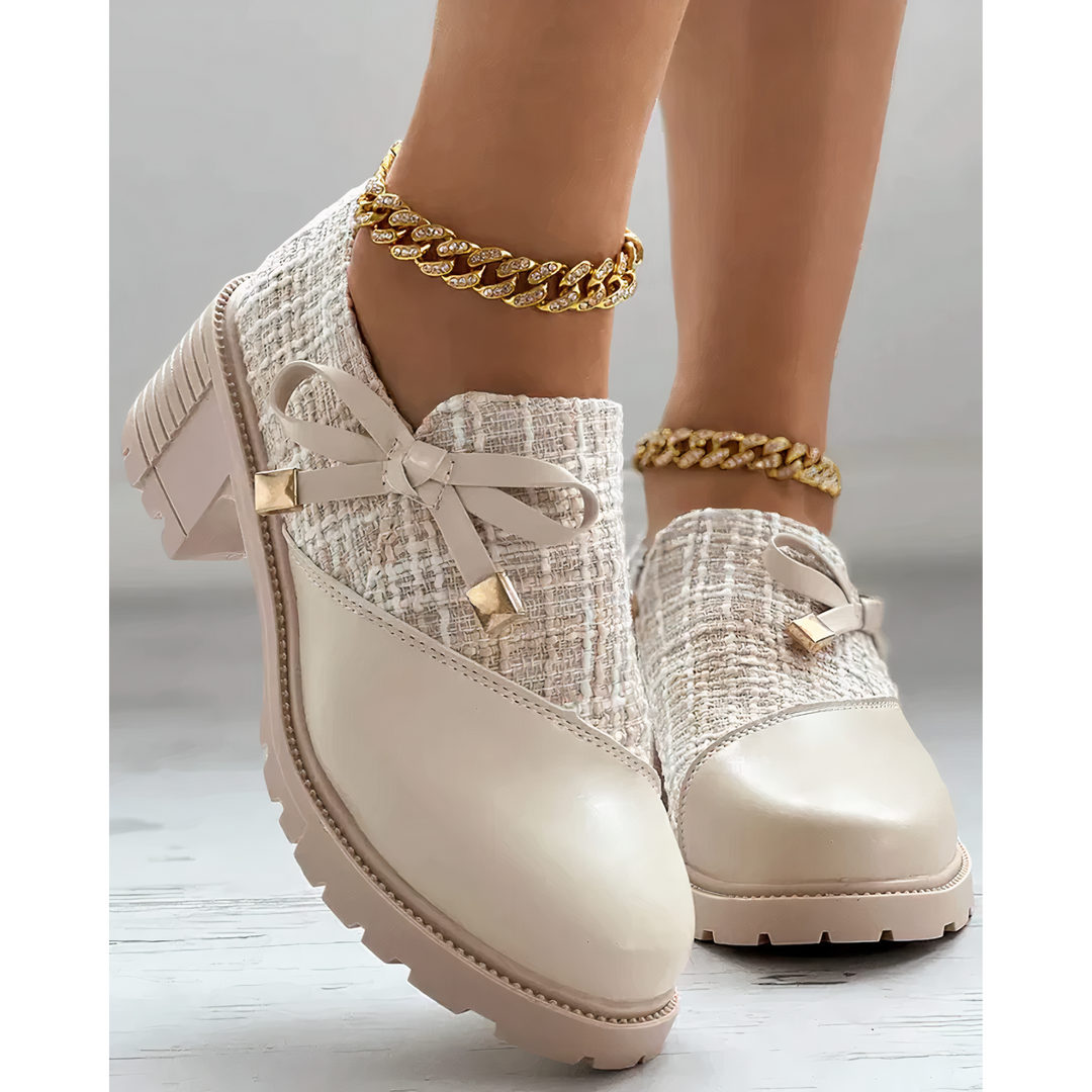 Stylish Block Heel Shoes with Bow Details - Florina