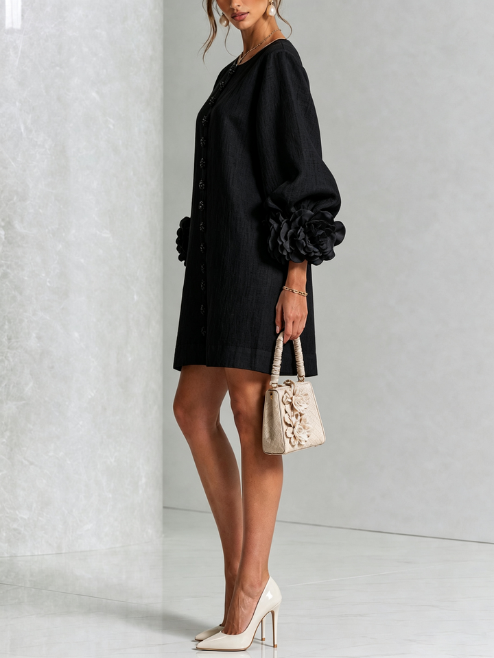 Linen Blend Shirt Dress with Rosette Trim Sleeves 22
