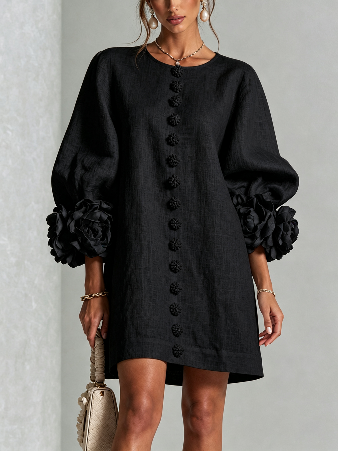 Women's Linen Puff Long Sleeve Tunic Mini Shift Dress 15