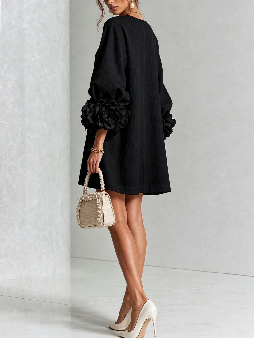 Elegant A-Line Dress with Volume Sleeves and Floral Buttons 17