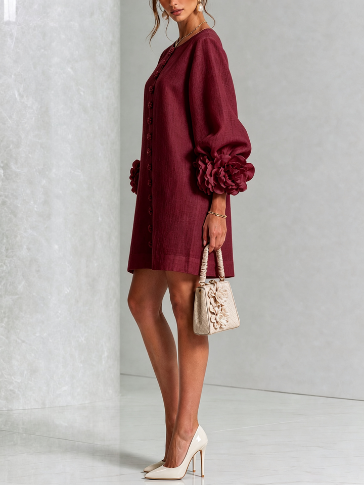 Elegant A-Line Dress with Volume Sleeves and Floral Buttons 36