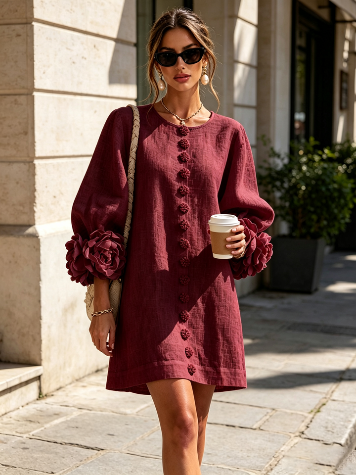 Model in bordeauxrode mini-jurk op straat, met bloemknopen, rozenmanchetten, zonnebril, vlechttas en koffiebeker in de hand. 38
