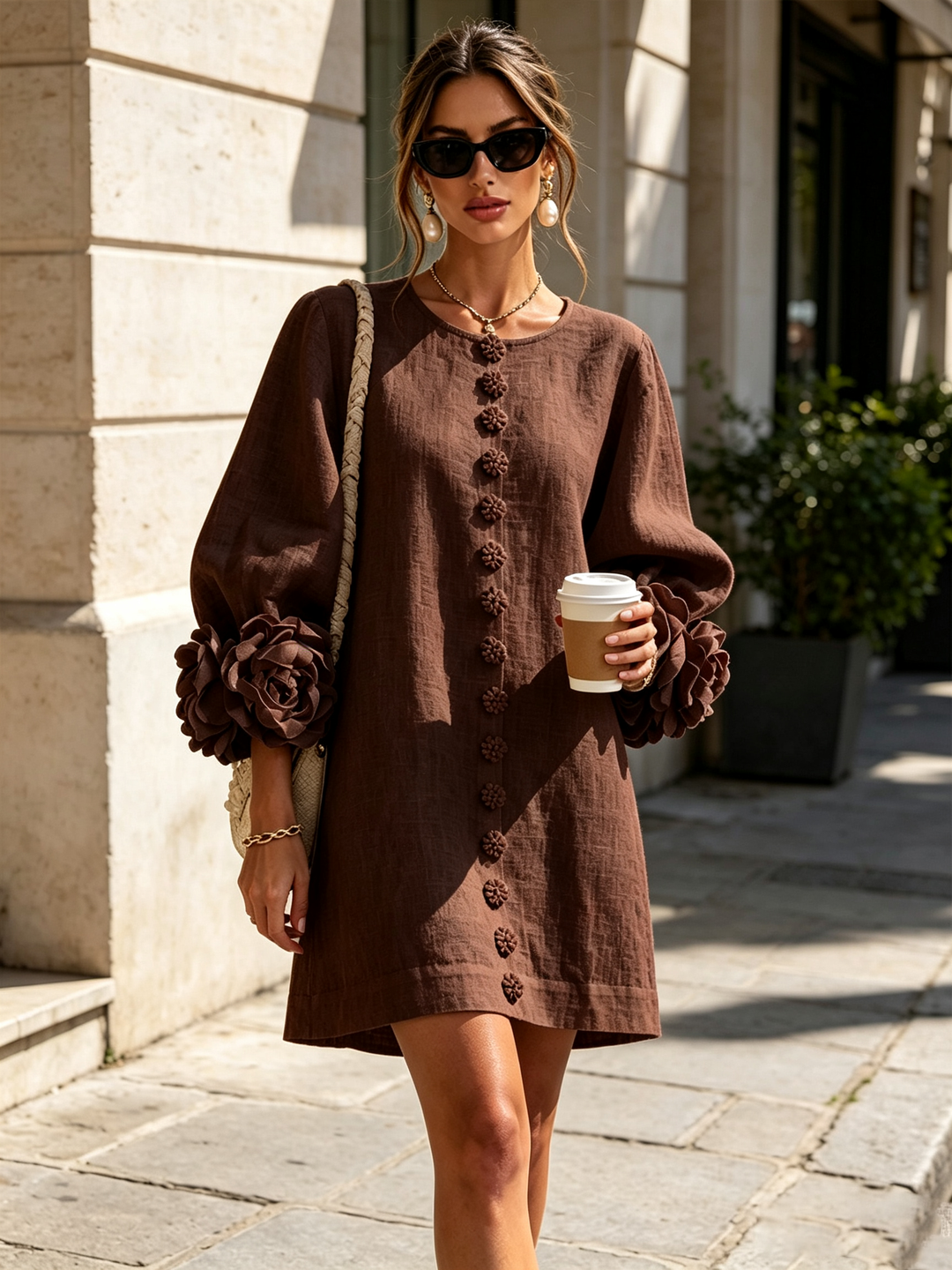 Model in bruine mini-jurk op straat, met bloemknopen, rozenmanchetten, zonnebril, vlechttas en koffiebeker in de hand. 30