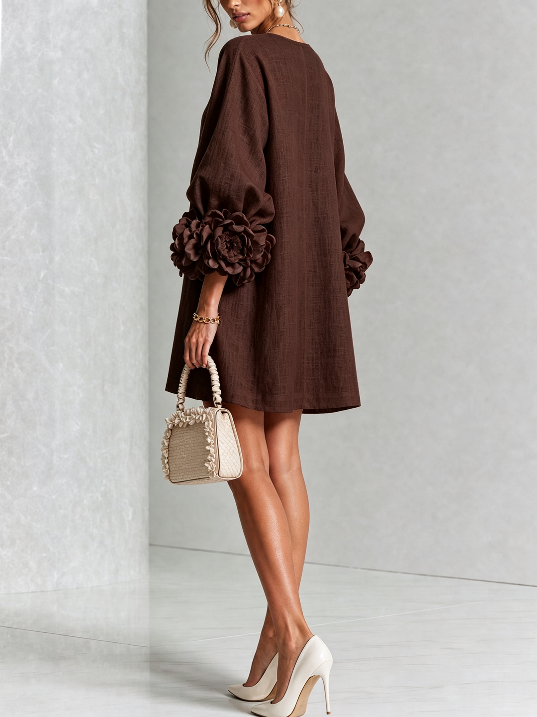 Women's Linen Puff Long Sleeve Tunic Mini Shift Dress 29