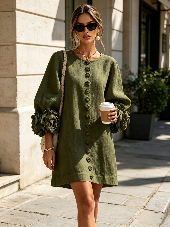 Women's Linen Puff Long Sleeve Tunic Mini Shift Dress 10
