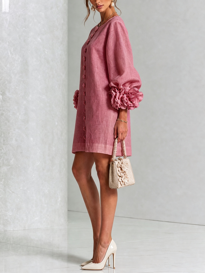 Linen Blend Shirt Dress with Rosette Trim Sleeves 45