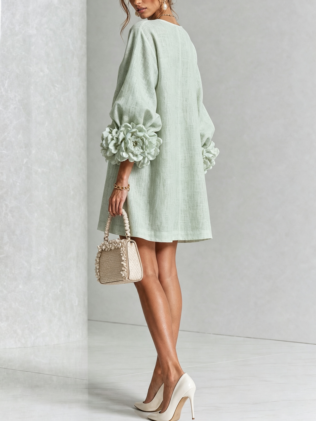 Elegant A-Line Dress with Volume Sleeves and Floral Buttons 33