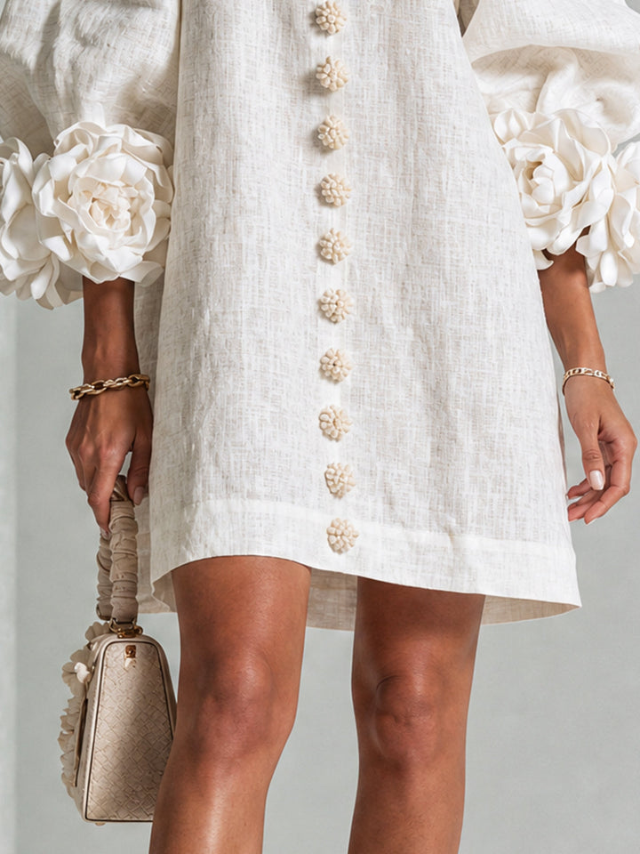Women's Linen Puff Long Sleeve Tunic Mini Shift Dress 6