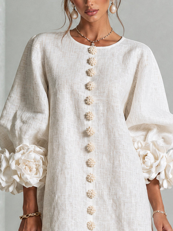 Elegant A-Line Dress with Volume Sleeves and Floral Buttons 5