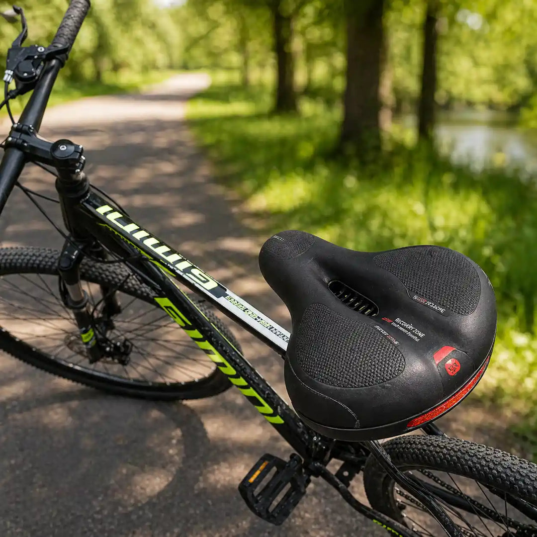 Zwart fietszadel gemonteerd op een mountainbike op een bospad met zonlicht door de bomen. 9