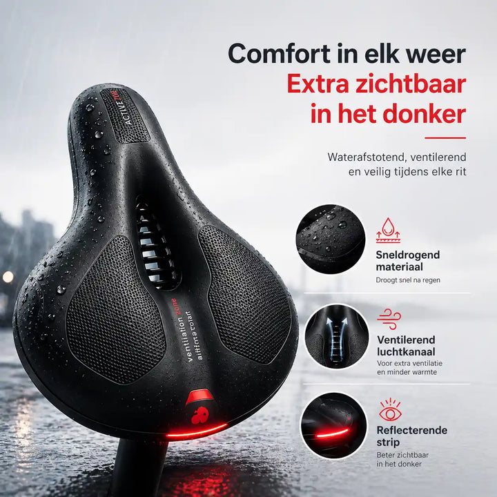 Zwart zadel met waterdruppels in de regen, met inzetbeelden van sneldrogend materiaal, luchtkanaal en rode reflecterende strip. 12