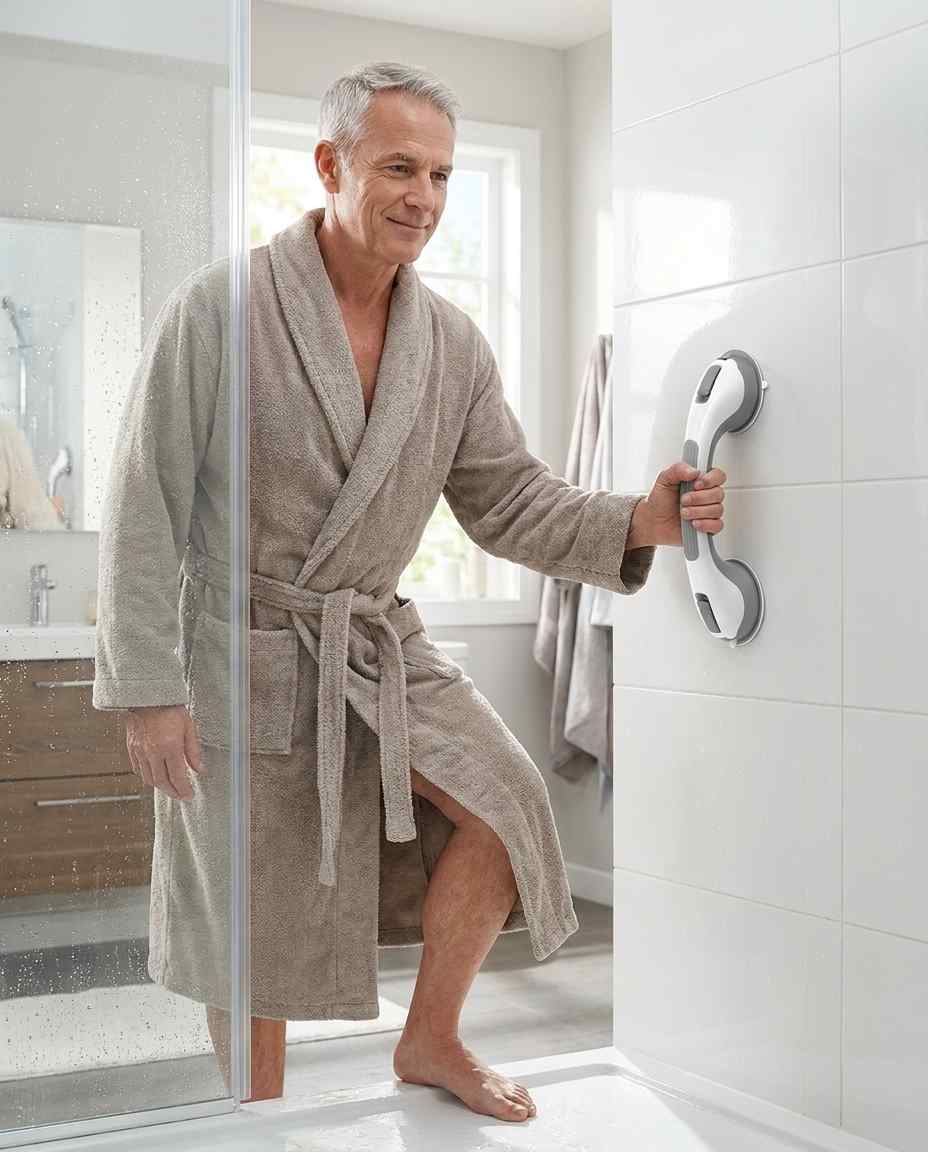 Man in grijze badjas stapt uit de douche en steunt met één hand op de beugel aan de witte tegelwand. 15